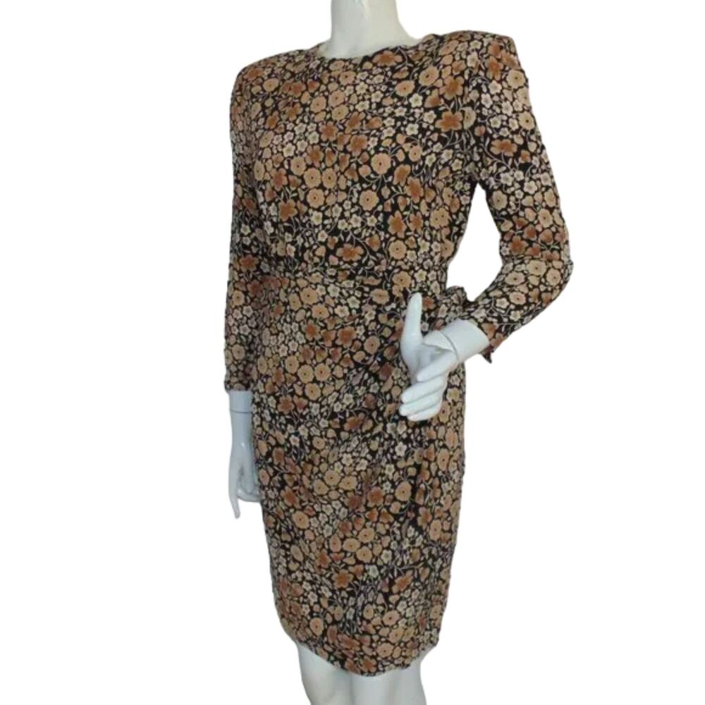 LIZ CLAIBORNE Dress, 8, Black/Tan Floral, Faux Wrap Skirt, Shoulder pads, VTG - Picture 5 of 13